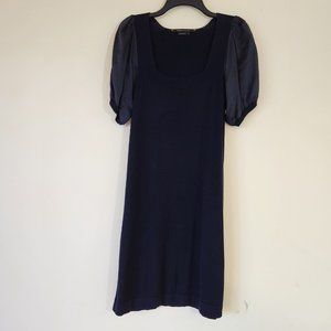 Navy BCBG Silk Fine Knit Dress, Square Neck, Puff SS  Small